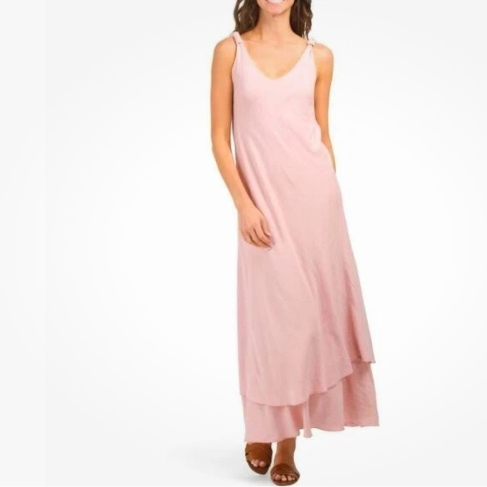 Luna Allegra Made In Italy Tiered Strappy Vee neck  Linen Blend Maxi Dress SZ S